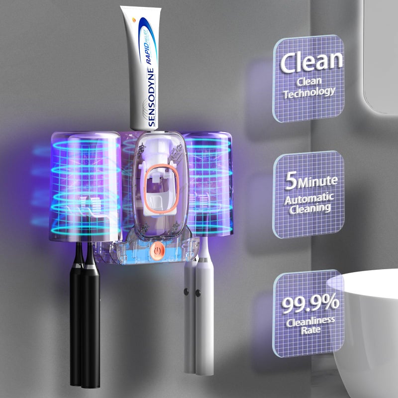 Wekity Toothbrush Holders for Bathrooms  Wekity Automatic Toothpaste Dispenser Space Saving Toothbrush and Toothpaste Holder Toothbrush Holder Wall Mounted with 2 Cups for Bathroom (Black) - Image 2